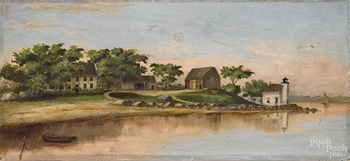 New England oil on canvas coastal scene, signed verso J.M. West 1899, 6'' x 13''.