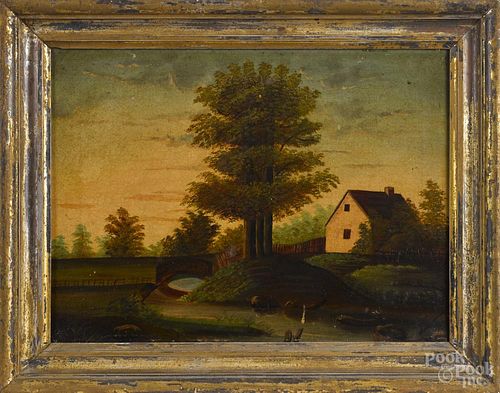 American primitive oil on canvas landscape, late 19th c., 12'' x 16''.