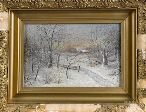 American oil on canvas winter landscape, late 19th c., signed F. E. King, 8'' x 12''.
