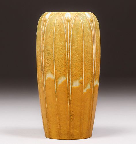 Grueby Pottery Matte Ochre Two-Color Vase c1905