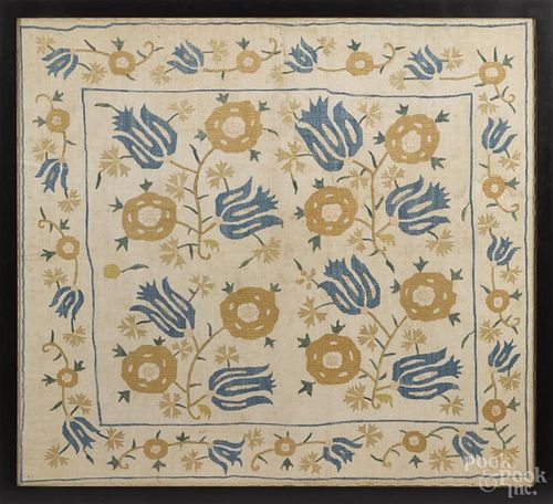 Embroidered linen table cover, ca. 1900, with tulip design, 38'' x 41 1/2''.