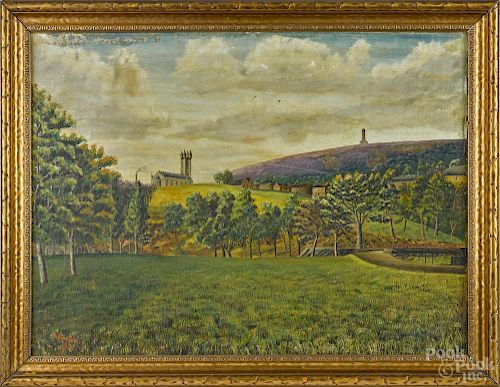 American oil on canvas landscape with rolling hills, signed G. Barton '95, 20'' x 28''.