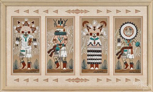 Four framed Navajo sand paintings of Kachinas, all mounted in a signed silversmith frame