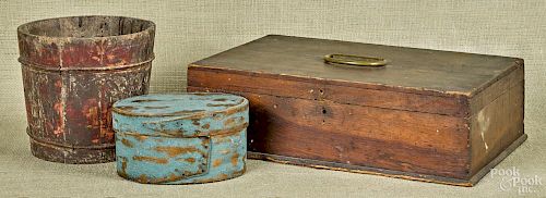 Pennsylvania painted bentwood box, 19th c., 4 1/4'' h., 6 3/4'' w., together with a painted bucket