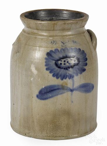 Pennsylvania stoneware crock, 19th c., decorated with a cobalt sunflower on the front