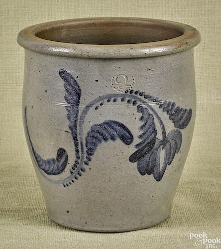 Pennsylvania two-gallon stoneware crock, 19th c., with cobalt floral decoration, 9 1/4'' h.