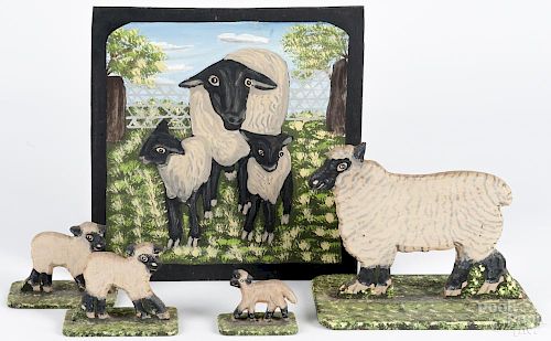Menno Shirk (Lancaster County, Pennsylvania), four carved and painted folk art sheep figures, signed