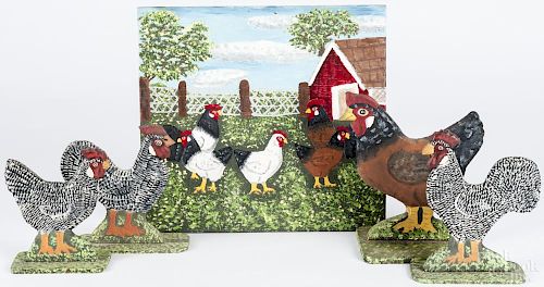 Menno Shirk (Lancaster County, Pennsylvania), four carved and painted folk art chicken figures