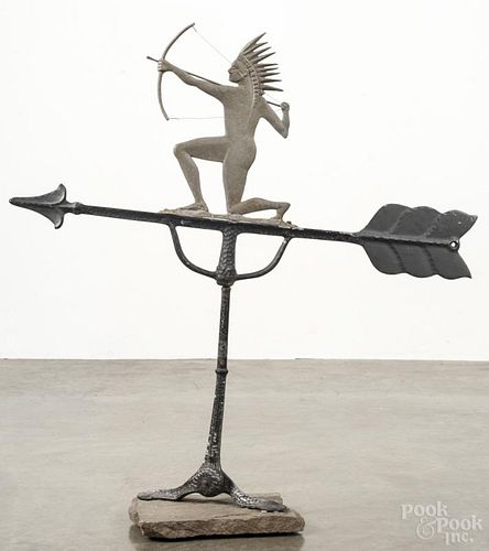 Painted cast aluminum weathervane, 19th/20th c., topped with a kneeling Native American archer