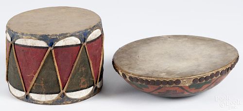 Two Pueblo painted drums, 2 3/4'' h., 10 1/4'' dia. and 6'' h., 8'' dia.