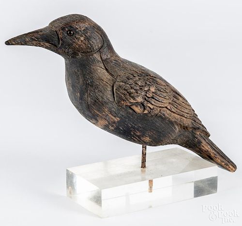 Carved pine crow decoy, early 20th c., with a base, 10'' h. Provenance: DeHoogh Gallery, Philadelphia.