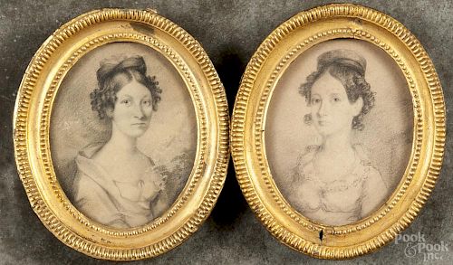Two miniature pencil portraits, mid 19th c., of young women, 3 1/2'' x 2 3/4''.