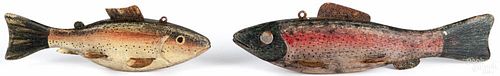 Two painted wood and iron fish decoys, 7'' l. and 9'' l.