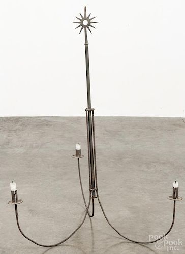 Copper and iron three-arm chandelier, early 20th c., 39 1/4'' h.