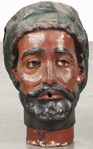 Papier-mâché trade figure of a Turk with clockwork eyes, 19th c., 15'' h.