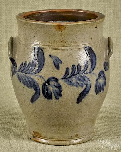 Pennsylvania stoneware two-handled crock, 19th c., with cobalt floral decoration, 10'' h.