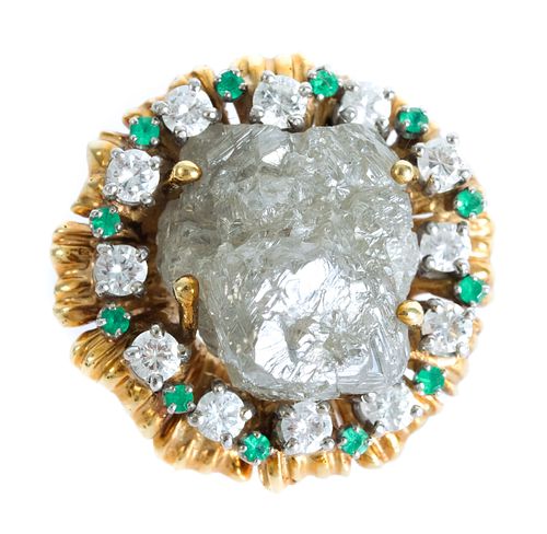 18K Rough Diamond w/Emerald & Diamond Ring