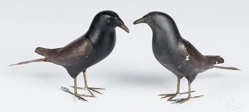 Pair of painted composition crows with tin tail feathers, 6 1/4'' h.