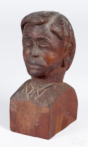 Carved mahogany bust of a gentleman, 20th c., stamped on bottom P. Noe, 11 1/4'' h.