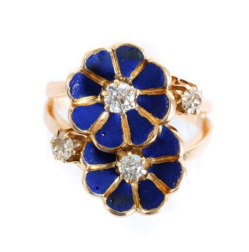 14K YG Blue Enamel & Diamond Floral Ring