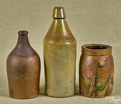 Stoneware bottle, impressed Geo Weller, 10 3/4'' h., together with an unmarked bottle, 8'' h.