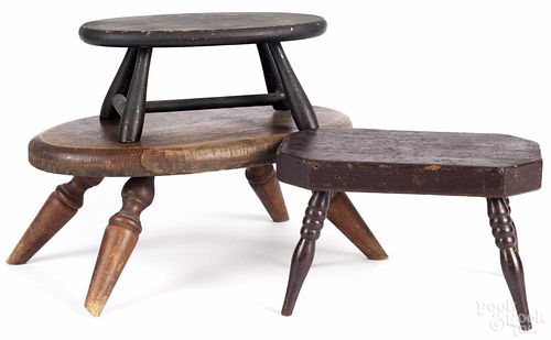 Three wooden footstools, 19th/20th c., largest - 7 3/4'' h., 18 1/2'' w.