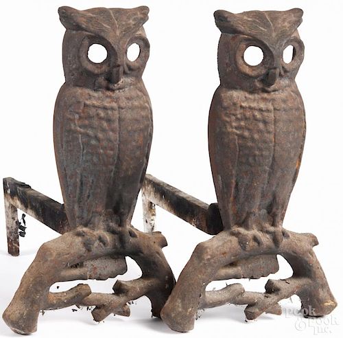 Pair of cast iron owl andirons, late 19th c., 15'' h.