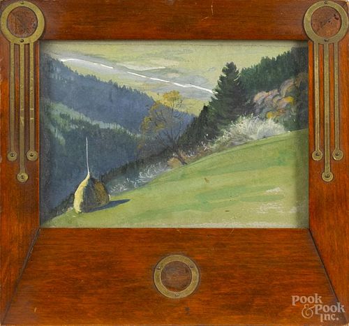 Small watercolor landscape, early 20th c., with an arts and crafts frame, 6 1/2'' x 6 3/4''.