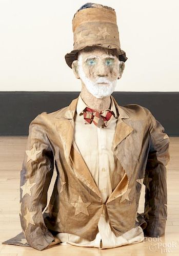 Fabric and papier-mâché Uncle Sam parade figure, early/mid 20th c., 38'' h.