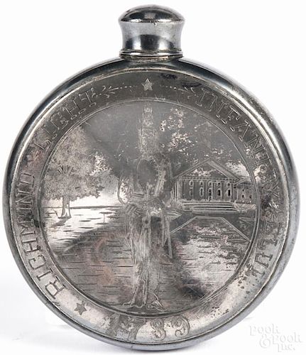 Engraved silver-plated flask, ca. 1900, inscribed Richmond Light Infantry Blues 1789, 4 1/2'' h.