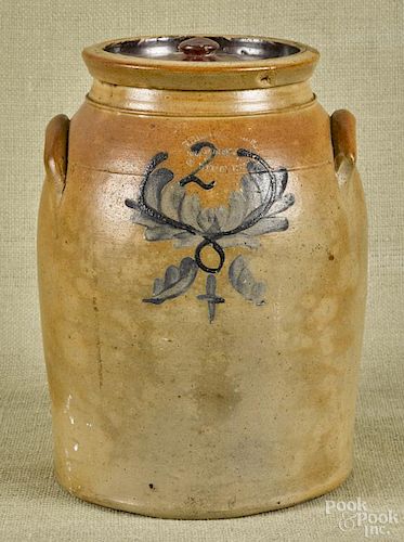 New Jersey two-gallon stoneware crock, 19th c., impressed Union Pottery Newark N.J.J. Zipf Prop's