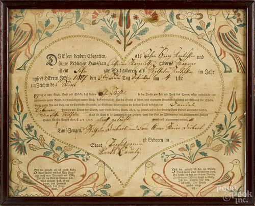 Pennsylvania printed and hand-colored fraktur birth certificate, dated 1807, 11 1/2'' x 14 1/2''.