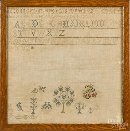 Silk on linen sampler, early 19th c., 17'' x 16 1/2''.