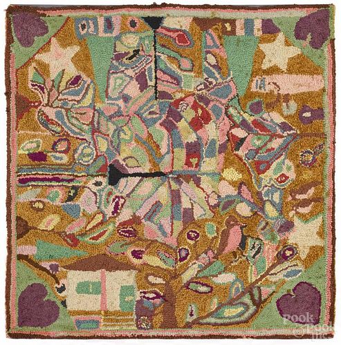 American abstract hooked rug, mid 20th c., 39'' x 40''. Provenance: DeHoogh Gallery, Philadelphia.