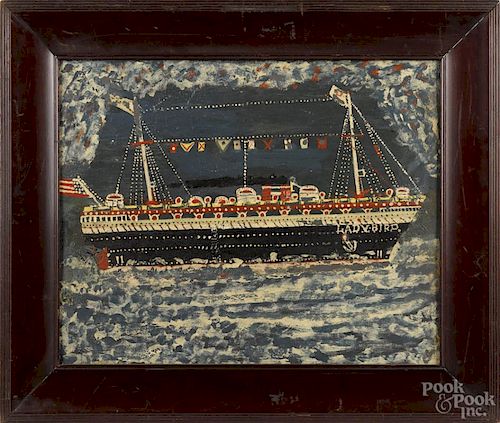 American oil on tin of the ocean liner Lady Bird, early/mid 20th c., 16'' x 20''.