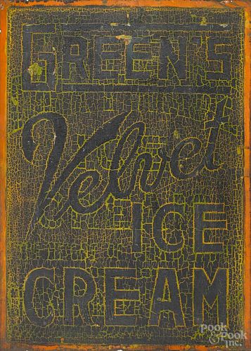 Painted tin trade sign for Green's Velvet Ice Cream, early/mid 20th c., 28 1/4'' x 20''.