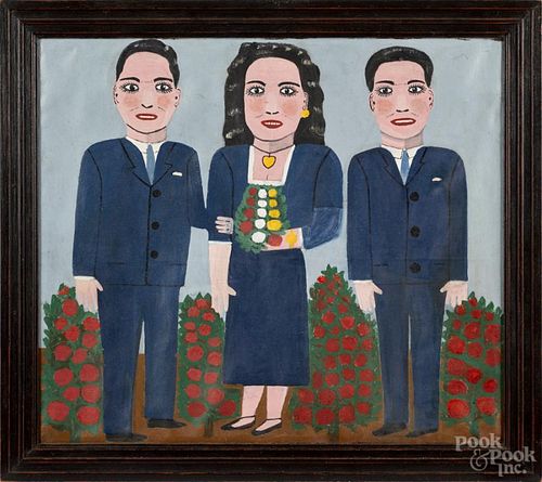 Outsider Art double-sided oil on canvas wedding party, mid 20th c., 16'' x 18 1/2''.