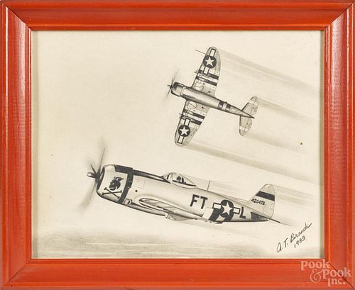 Al Branch (American 20th c.), three pencil and charcoal drawings of WWII fighter planes, dated 1983