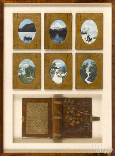 Framed album of six oil on board landscape paintings, ca. 1900, purportedly done by Henry Rupp