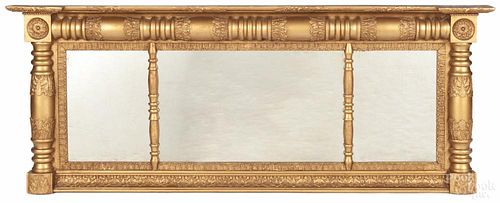 Sheraton giltwood overmantle mirror, ca. 1820, 25 1/2'' x 61''.