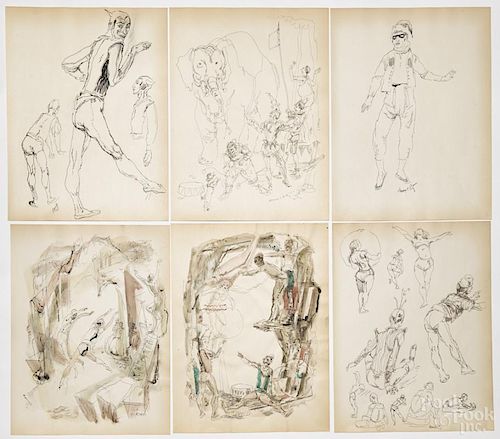 Henry Clarence Pitz (American 1895-1976), twelve ink, pencil, and watercolor circus illustrations