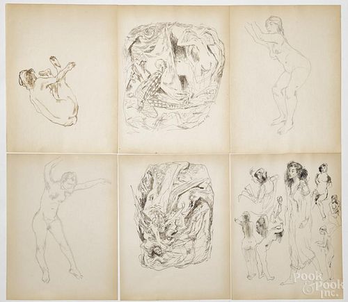 Henry Clarence Pitz (American 1895-1976), nine ink, pencil, and watercolor nude illustrations