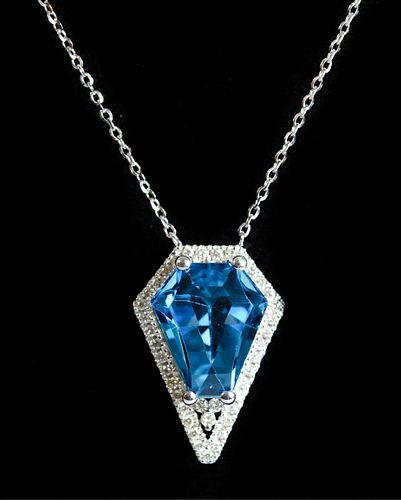 14K WG Diamond & Blue Topaz Pendant Necklace