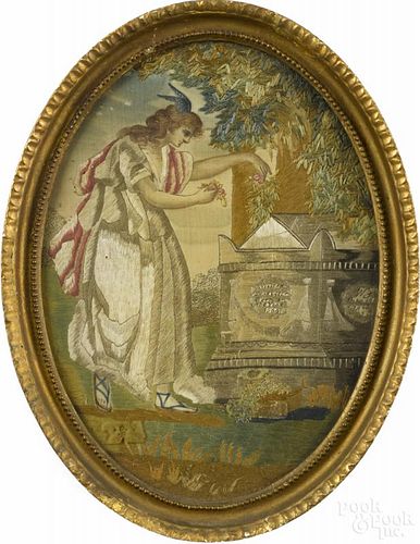 Needlework and painted oil on silk memorial, 19th c., with a later inscription for William Shakespeare