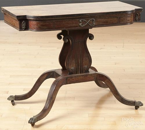 Federal inlaid mahogany card table, ca. 1810, with lyre supports and brass mounts, 28 1/4'' h., 36'' w