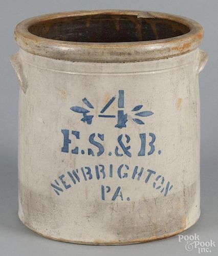 Pennsylvania four-gallon stoneware crock, 19th c., marked in cobalt E. S. & B. / New Brighton PA.