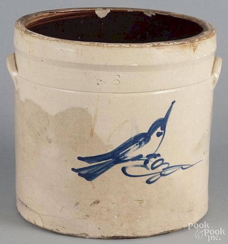 Six-gallon stoneware crock, 19th c., with cobalt bird decoration, 12 3/4'' h.