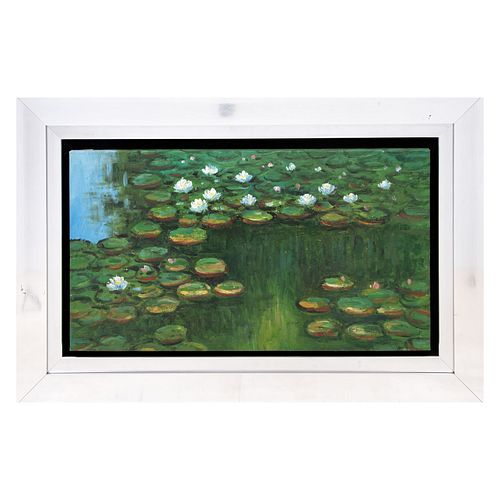 "Waterliles". Reproducción de la obra de Claude Monet. Óleo sobre lienzo. Con marco. 48 x 87 cm.
