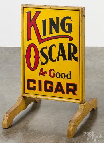 Painted wood and tin trade sign broom holder for King Oscar Cigars, early 20th c., 33 1/2'' h.