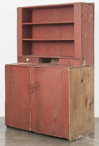 New England painted pine two-part stepback cupboard, 19th c., retaining an old red surface, 69'' h.